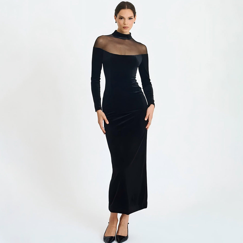 Robe Transparente à Coutures en Voile Automne Hiver Robe Moulante Sexy Unie