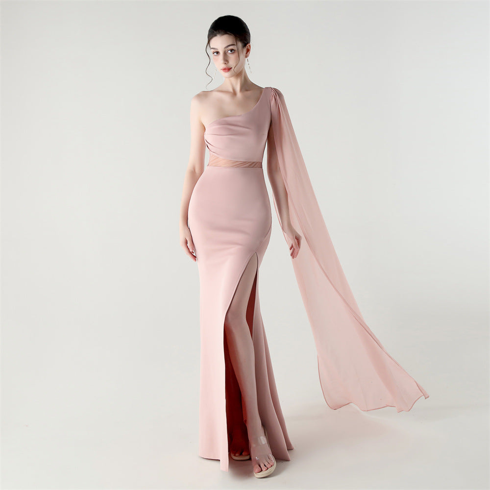 Einzelschulter-Crossbody-Kleid mit Netz-Design und Satinschleife, schmal geschnittenes Cocktailkleid/Abendkleid