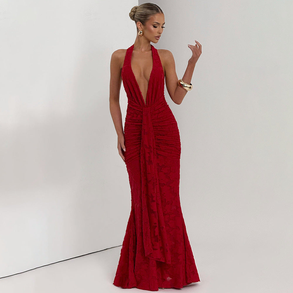 Robe longue plissée en dentelle pour femme, sexy, col en V profond, dos nu, robe fourreau