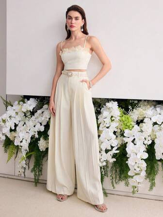 Frühling Slim Fit Hochwertig Schlank Sexy Weiß Schön Hohe Taille Weites Bein Damen Zweiteiler Sets