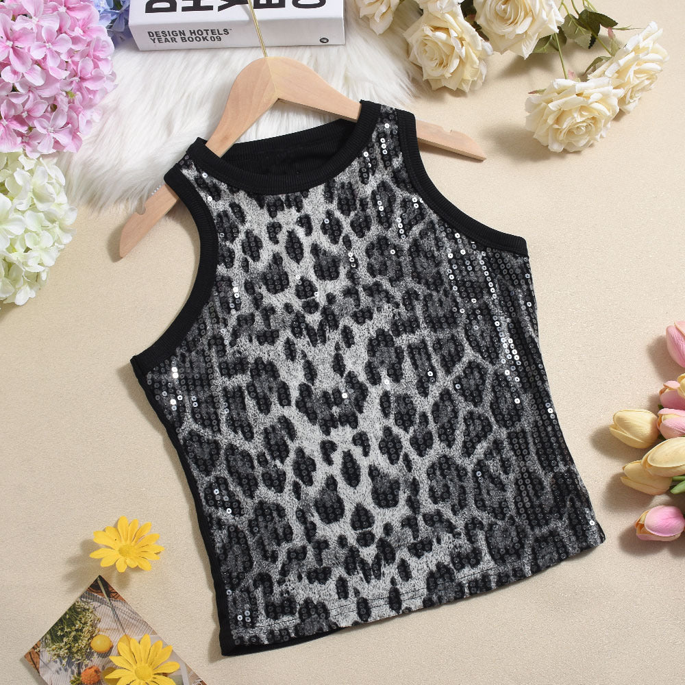 Pailletten Leopard Print Damen Weste Sexy Kurzes Outfit Farblich abgestimmtes ärmelloses Oberteil Damen