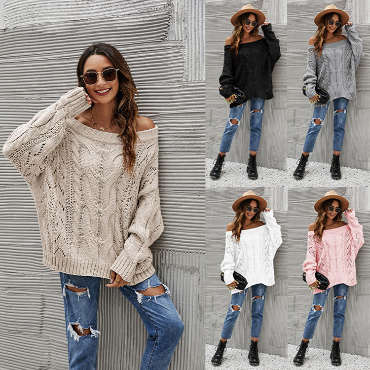 Herbst Winter schulterfreier Oversize-Pullover, schulterfreier einfarbiger Strickpullover Damen