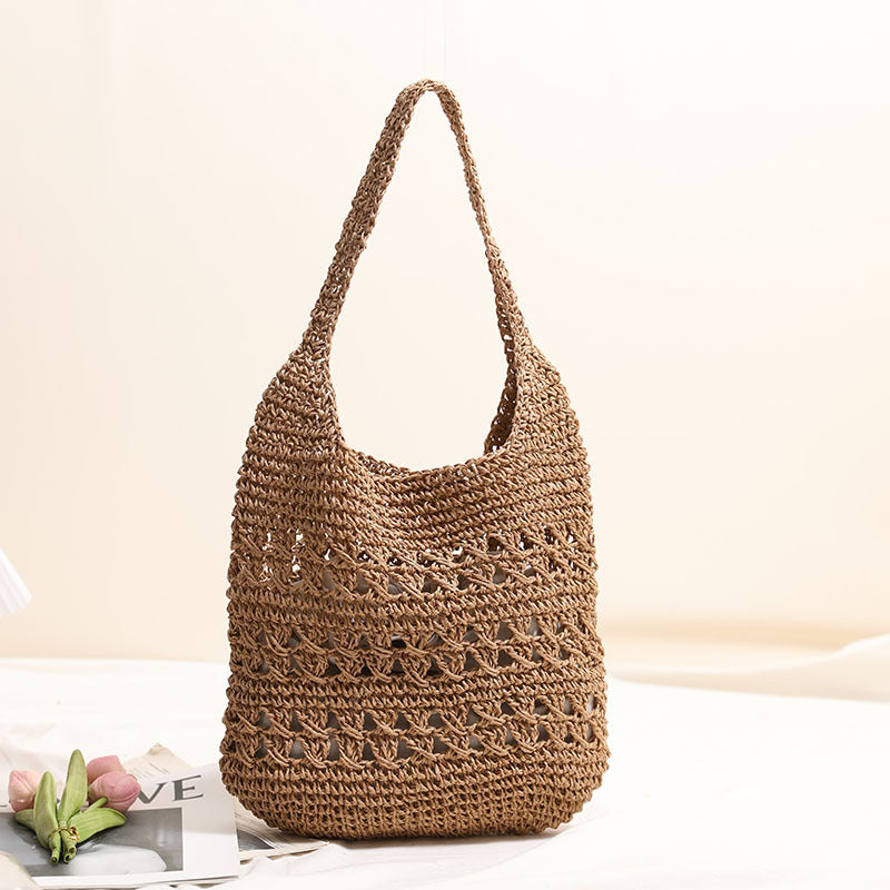 Grand sac de paille creux à bandoulière, sac fourre-tout en paille tressé, sac de plage de vacances au bord de la mer pour femme