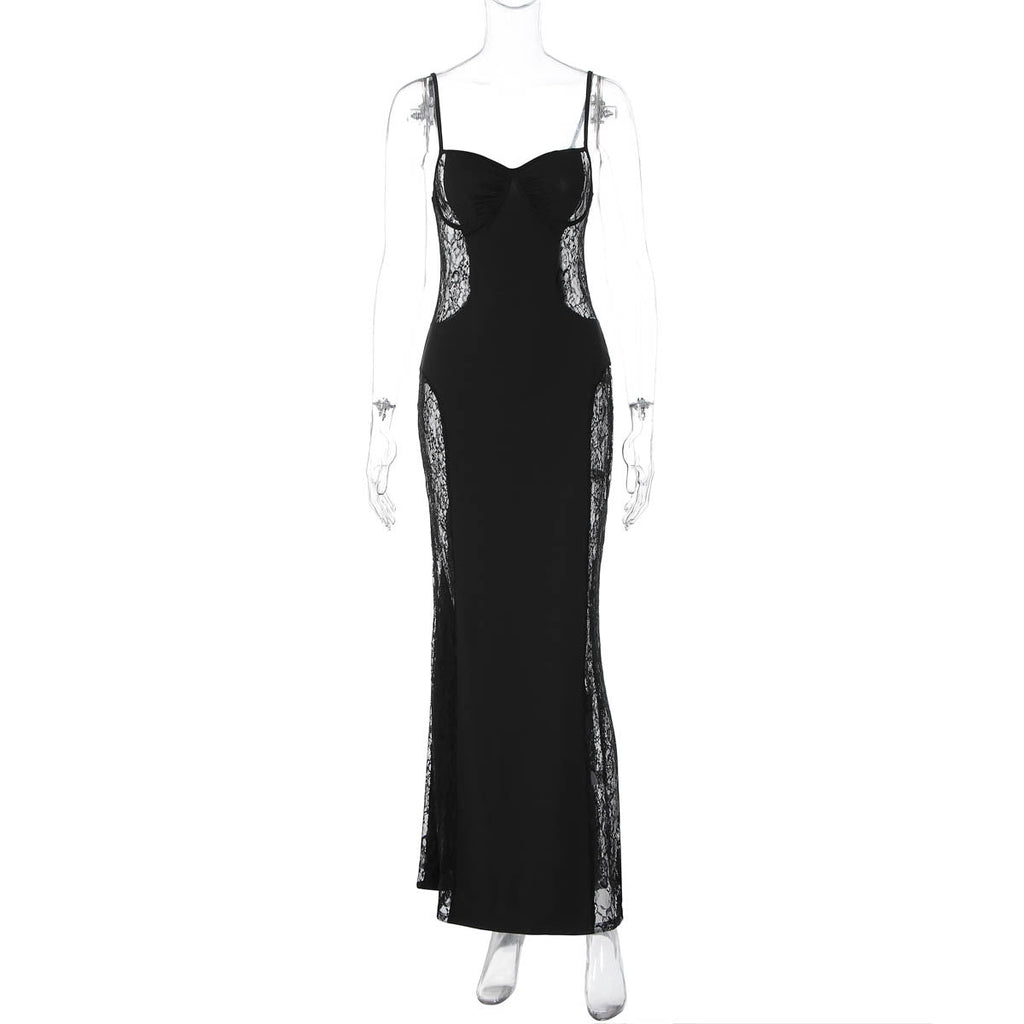 Spitzenstickerei mit Hohldesign, Cutout, geraffter, schmaler, sexy Hüftkleid mit Spaghettiträgern für Damen