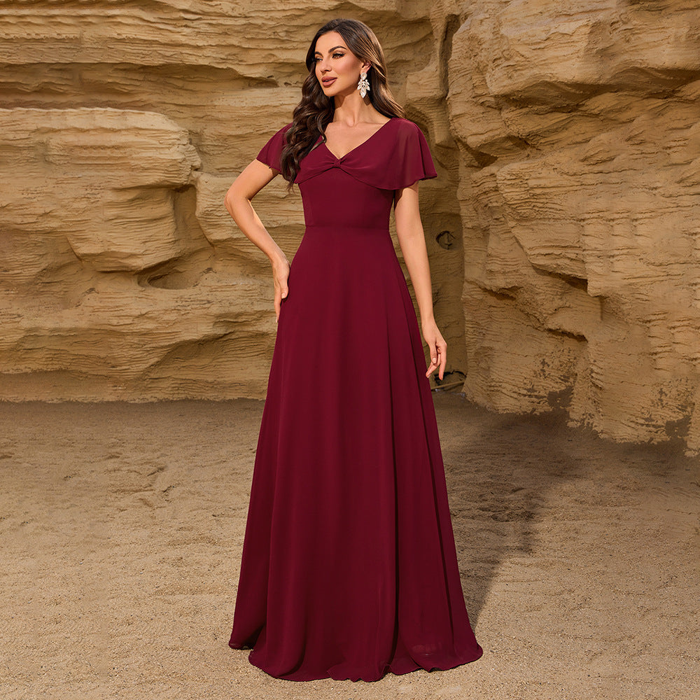 Chiffon V-Ausschnitt Schleife Schal Rückenreißverschluss Großer Schwung Vollgefüttert Elegantes Abendkleid Damen