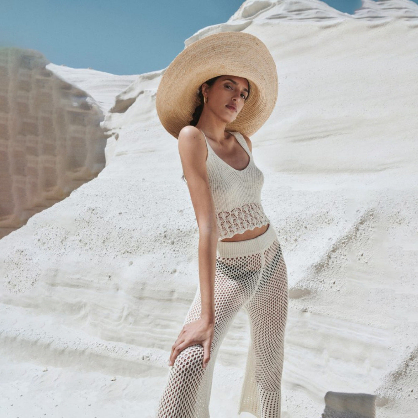 Ensemble chemise de plage sans manches et pantalon décontracté ajourés, transparents, amples et anti-UV