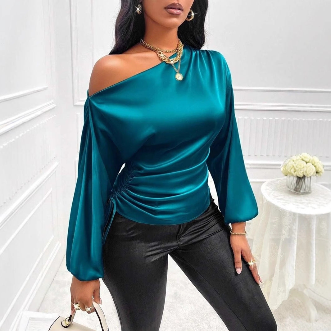 Damen Kleidung Satinhemd Herbst Winter Asymmetrisches Langarm-Oberteil mit diagonalem Kragen