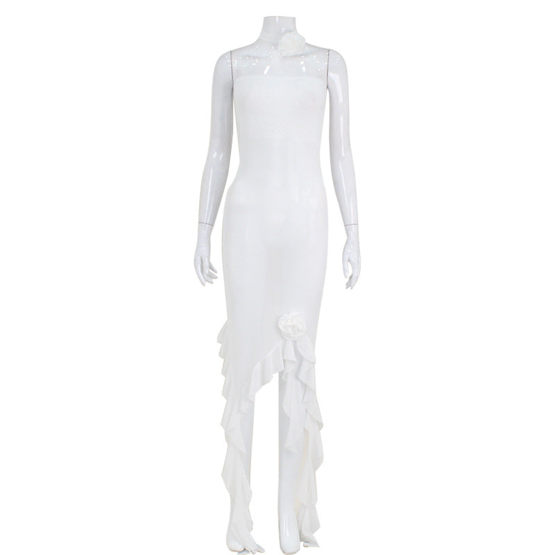 Damenbekleidung Tube Top Sexy Holzohr-Naht Nicht-Band Kleid Schwingendes Netz Etuikleid Damen