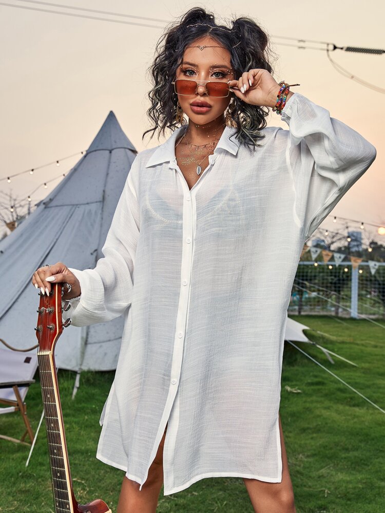 Baumwoll-Langarmshirt Strand vertuschen Urlaub Sonnenschutz Shirt Bikini Badeanzug Oberbekleidung Cardigan
