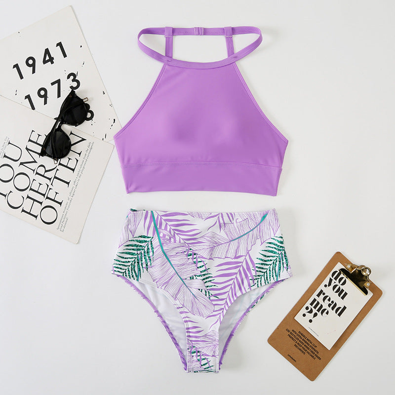 Sexy Damen Split High Waist Taschen Bikini Bikini Druck Mehrfarbig Badeanzug