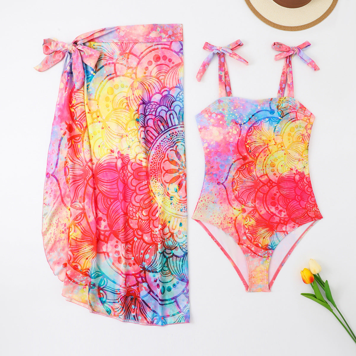 Ensemble maillot de bain deux pièces Robe longue en maille imprimée multicolore Maillot de bain conservateur pour femme