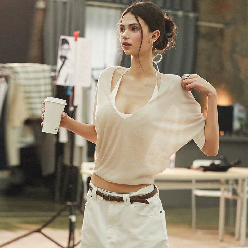 Damenbekleidung Sommer Nischen-Design Durchsichtige Anti-Bluse Taillenkontrolliertes Langarm-Oberteil für Damen