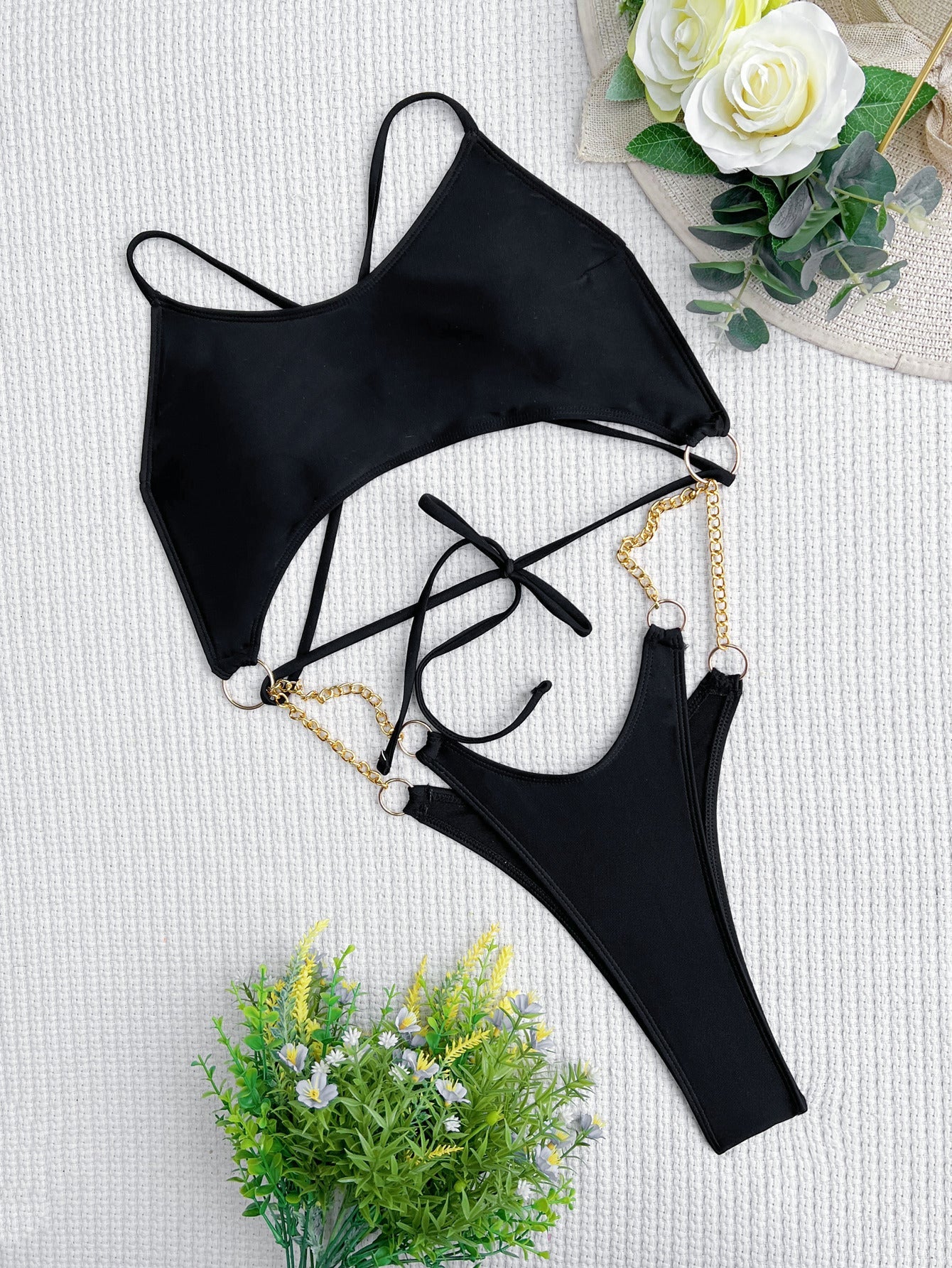 Damen-Einteiler-Badeanzug, gebänderter Bikini-Badeanzug, rückenfreier Badeanzug, einfarbiger Bikini