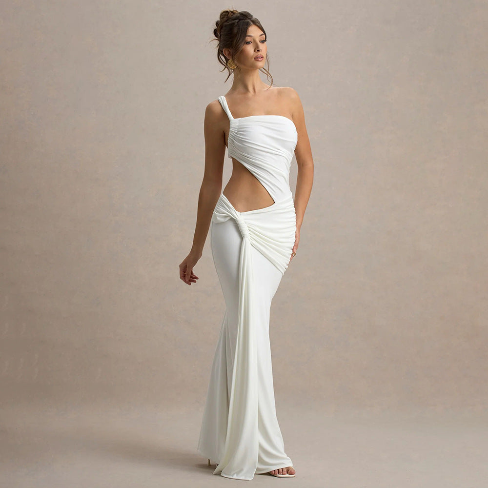 Robe plissée sexy d'été pour femme, dos nu, col bustier asymétrique