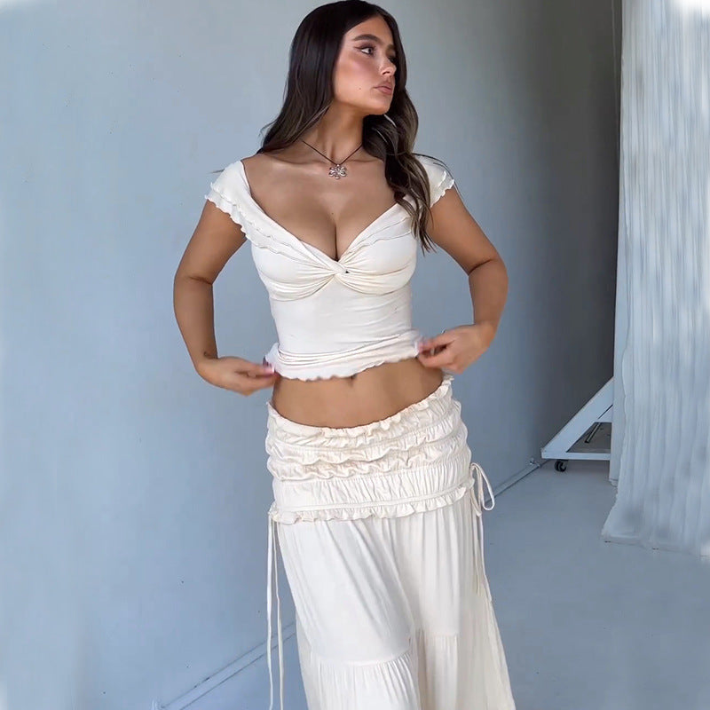 Sommer Damen Sexy Kurzes Tief geschnittenes Top Französisches Faltenrock-Set Damen