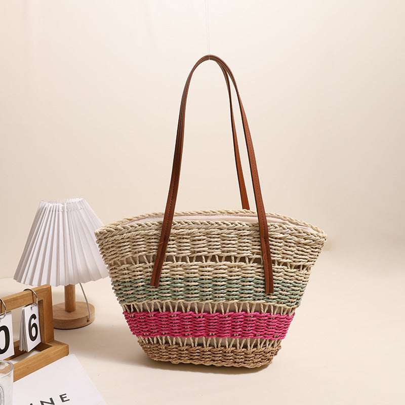 Sac en paille à rayures colorées avec bandoulière, grande capacité, sac tissé en rotin pour femme, panier de légumes portable
