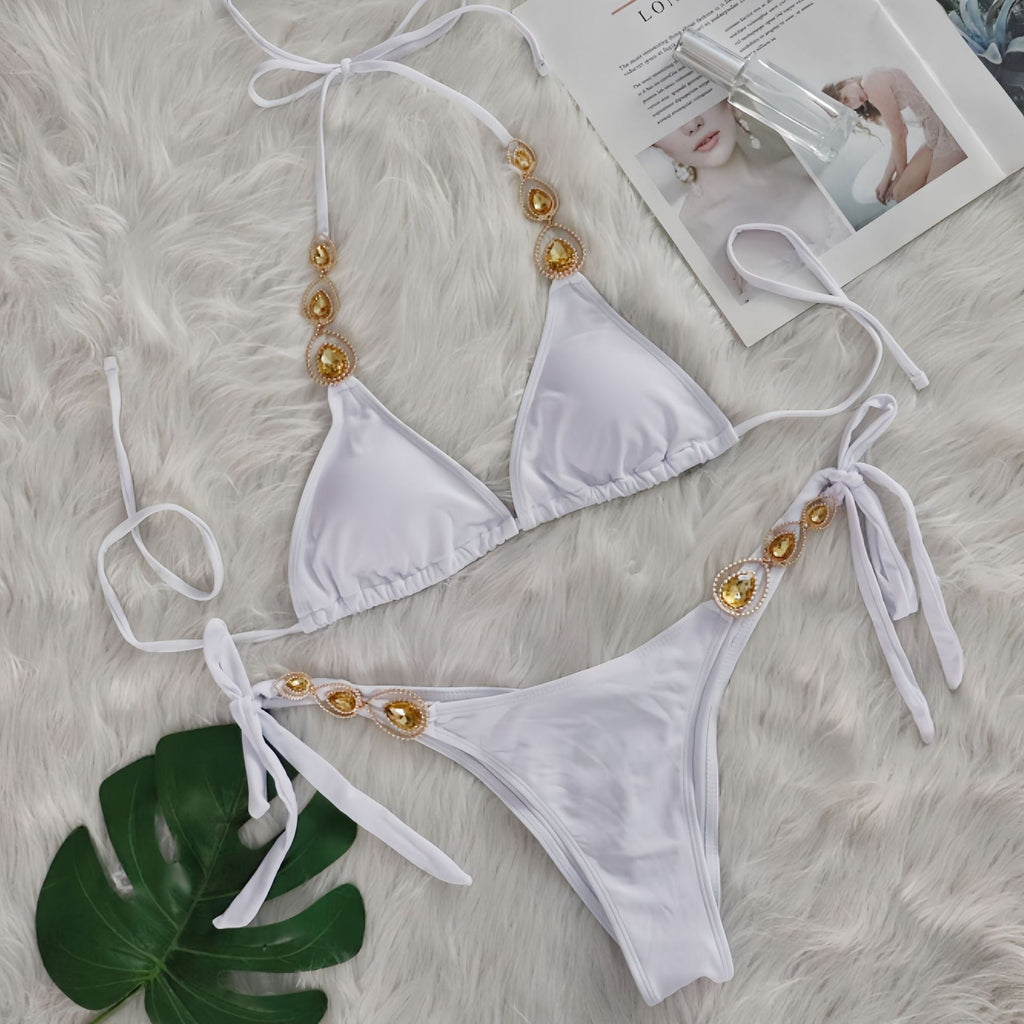 Maillot de bain bikini sexy de luxe en cristal diamant avec bandage pour femme, idéal pour les vacances à la plage.