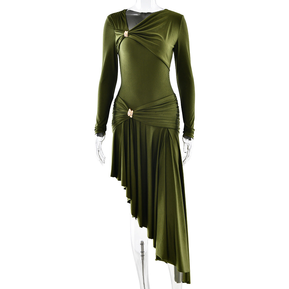 Robe longue asymétrique plissée élégante et sexy pour femme - Collection Automne/Hiver