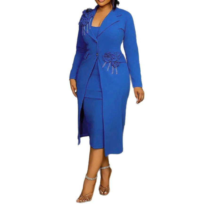 Damen Eleganter Stretch Slim Fit Floral Perlen Strass Etui Blazer plus Innen-Trägertop Zweiteiler