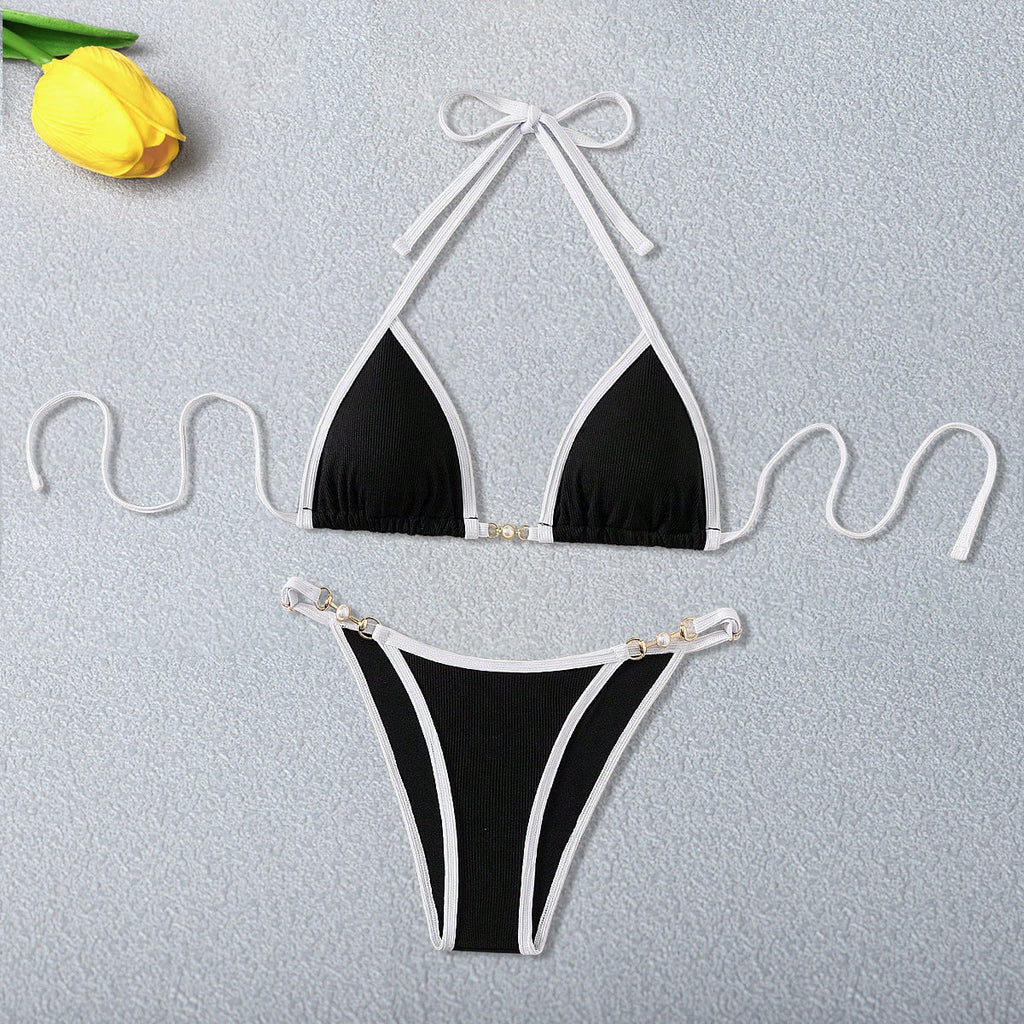 Zweiteiliger Bikini Set Damen Schnürung Rückenfrei Schlichter Badeanzug