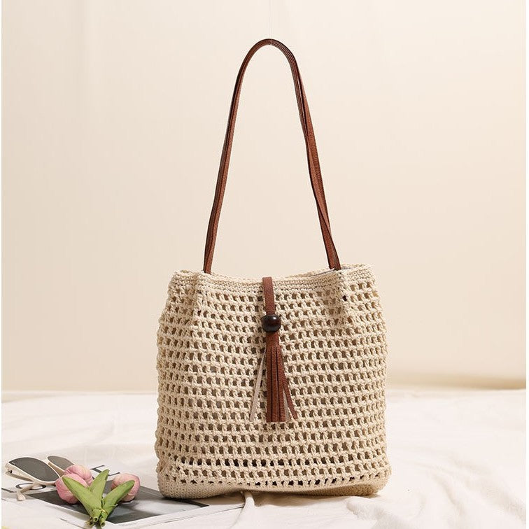 Sac à main plissé avec bandoulière en coton tissé, sac de paille à pampilles, sac de plage de vacances pour femmes