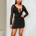 Arrival Mesh Split Stringy Selvedge Kleid Sexy Rückenloses Schnür-Hüfttaschen-Langarm