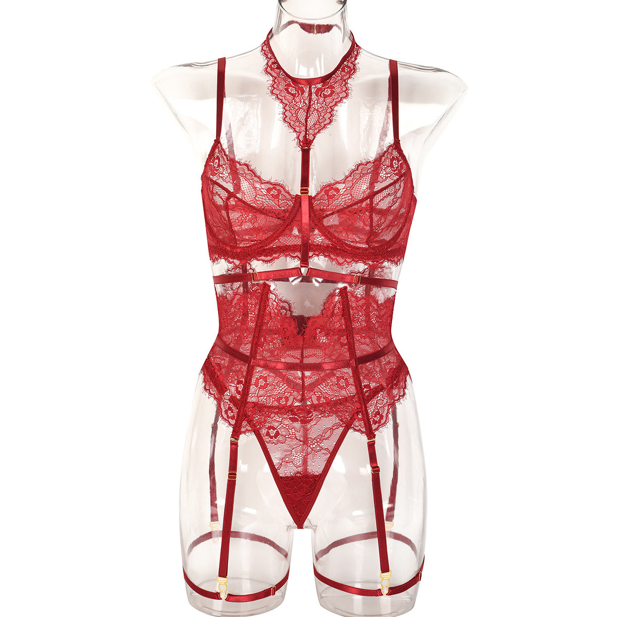 Sexy dreiteiliges Sommer-Set mit Wimpernspitze, Nähten und Halter-Fußring