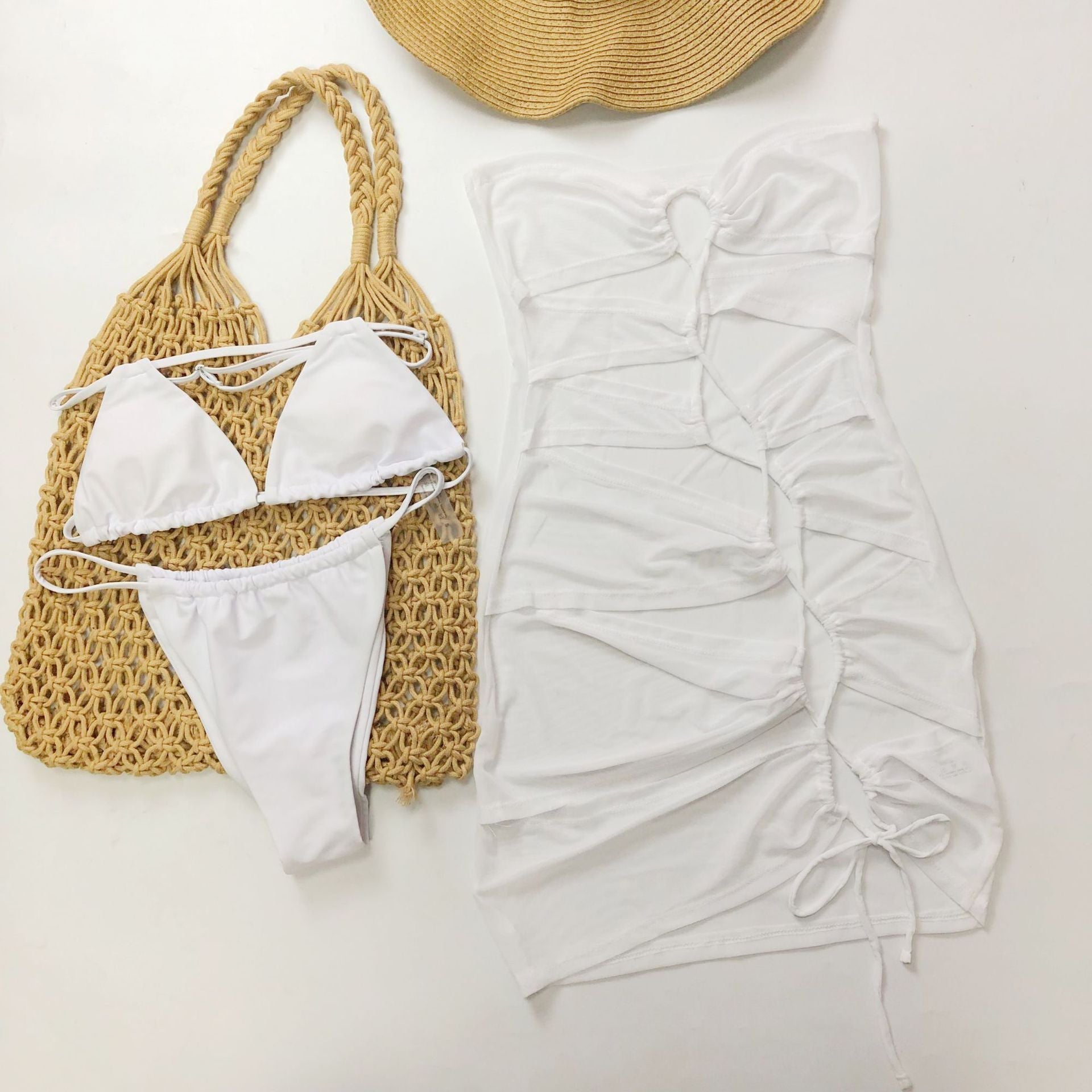 Maillot de Bain Femme Sexy Laçage Bandage Couleur Unie Trois Pièces Bikini