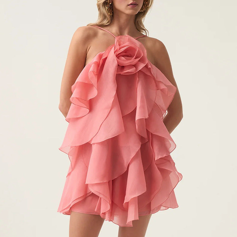 Elegantes, sexy, hochwertiges kurzes Kleid, Frühling, Neckholder, dreidimensionales Blumenmuster, Schnürung, ärmelloses Kleid