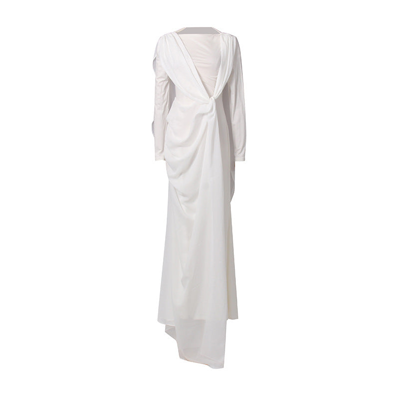 Robe longue de printemps élégante rétro torsadée en mousseline de soie à patchwork et à taille cintrée pour femme