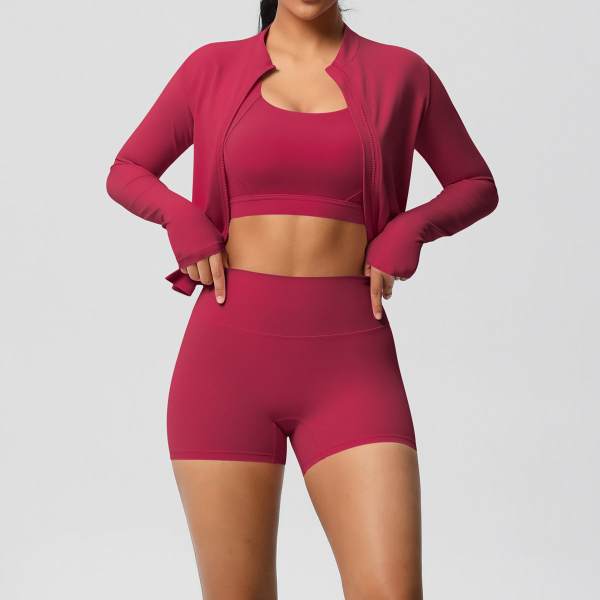 Einfarbiger Cloud Sense Yoga-BH, Sportmantel, Pilates-Laufshorts, Fitness-Yoga-Bekleidung, dreiteiliges Set für Damen