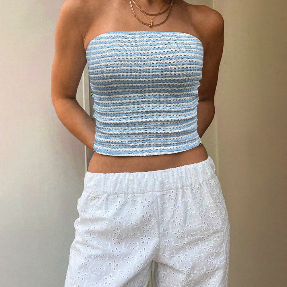 77Sexy Blau Weiß Gestreiftes Tube Top Ärmelloses Cold Shoulder Enges Kurzes Urlaubswesten-Top für Damen