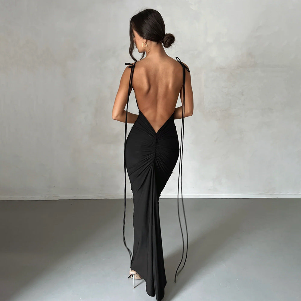 Robe Sexy Femme Robe Plissée Dos Nu Sexy Robe de Soirée Robe à Bretelles sans Manches pour Femme