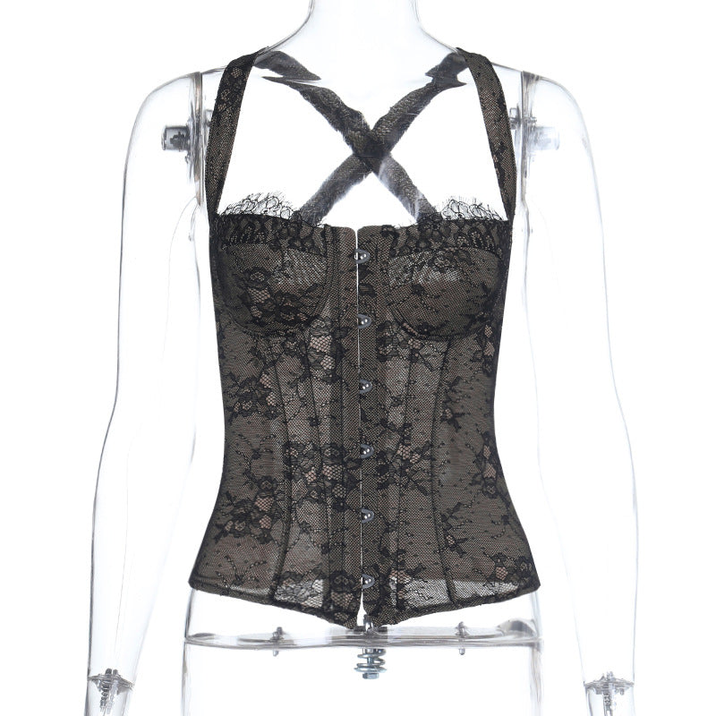Haut court sexy en dentelle à taille, automne, gilet ajusté assorti pour femme