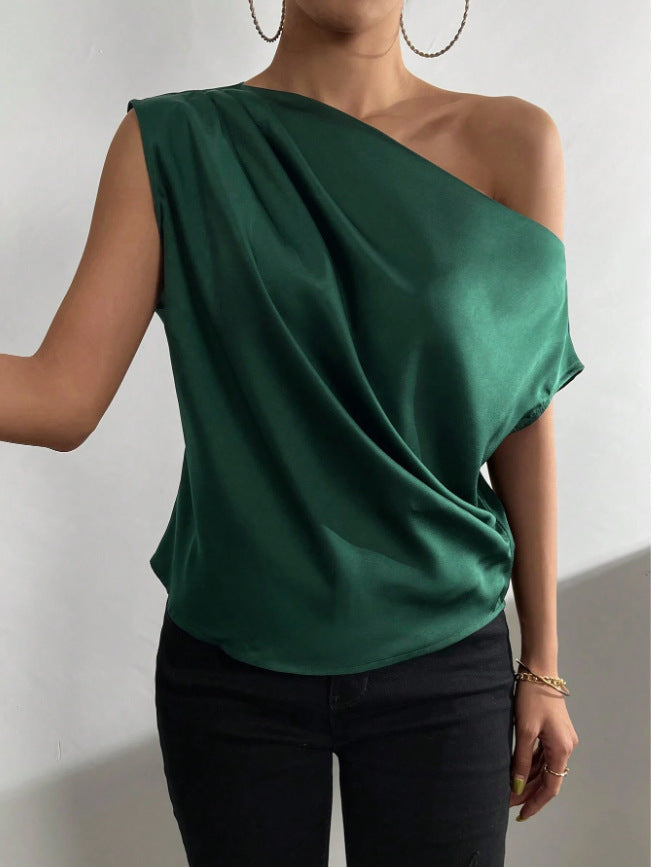 Frühling Einfarbig Satin Kunstseide Irregulär Asymmetrisch Schulterfrei Pullover Ärmelloses Hemd Damen Kleidung