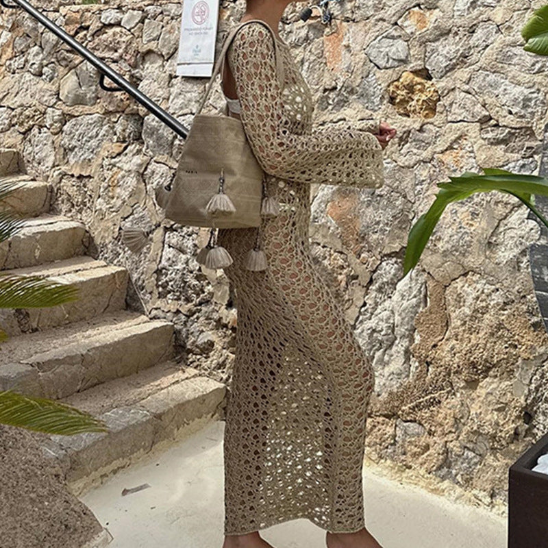 Vêtements Femme Robe Longue Sexy Découpée Évidée Manches Longues Col Rond Maxi Robe de Plage Jupette Crochet