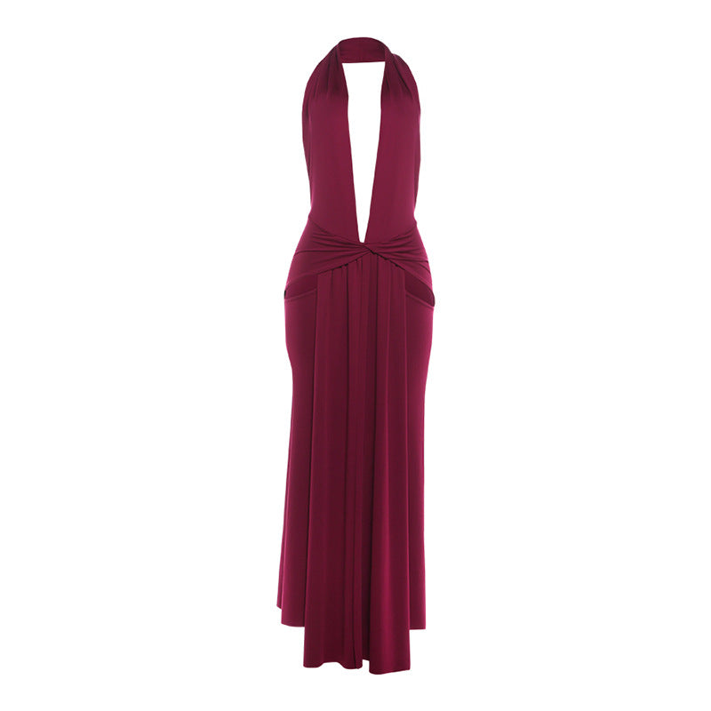 Robe Femme Sexy, Licou, Col Plongeant Profond en V, Dos Nu, Fendue, Couleur Unie