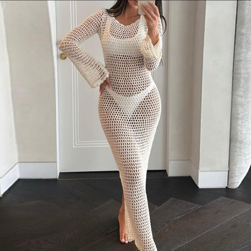Damenkleidung Sommer Sonnenschutz Bluse Gestrickt Hohl Ausgeschnitten Strandkleid Sexy Rückenfreies Kleid Strand-Cover-Up