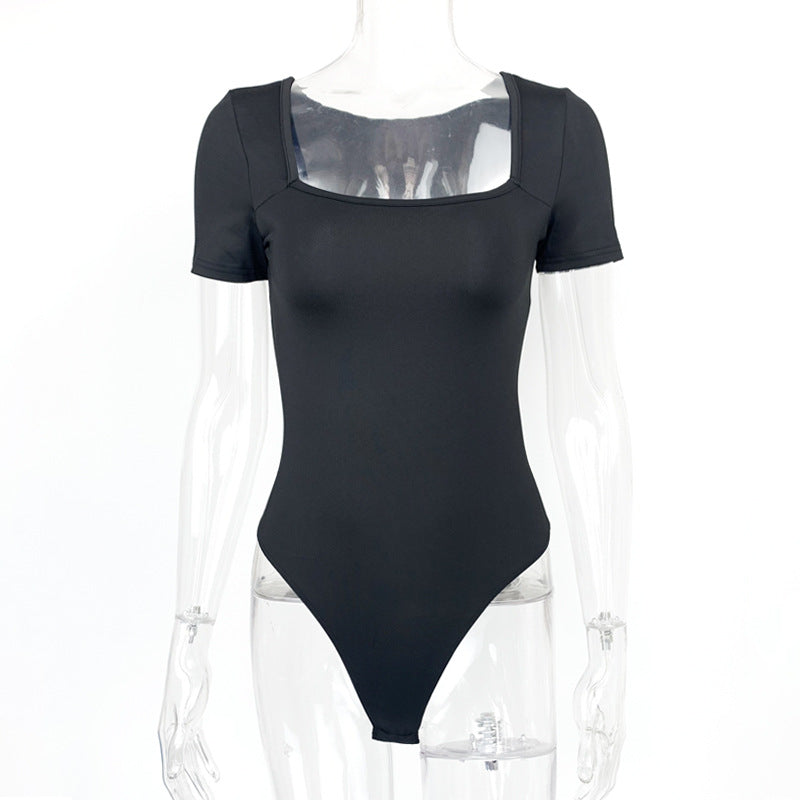 Body une pièce moulant d'été pour femme, col carré, manches courtes