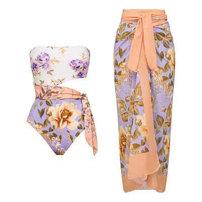 Ensemble deux pièces jupe et haut de maillot de bain imprimé une pièce bustier sexy de plage printemps