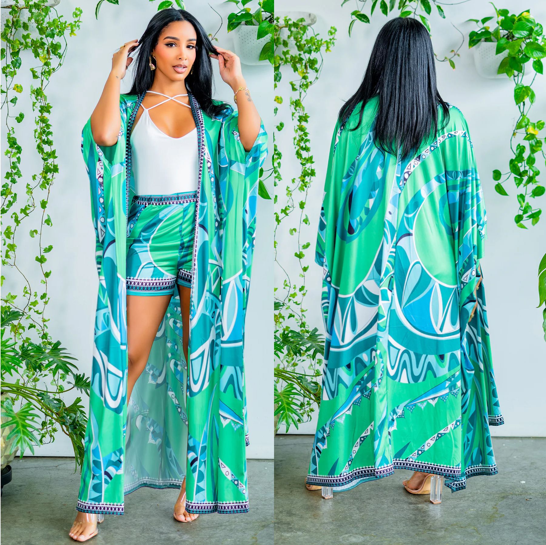 Chiffon bedruckte Bluse Shorts Anzug Sonnenschutz Einarm Cardigan Strand Zweiteiler Set Damen