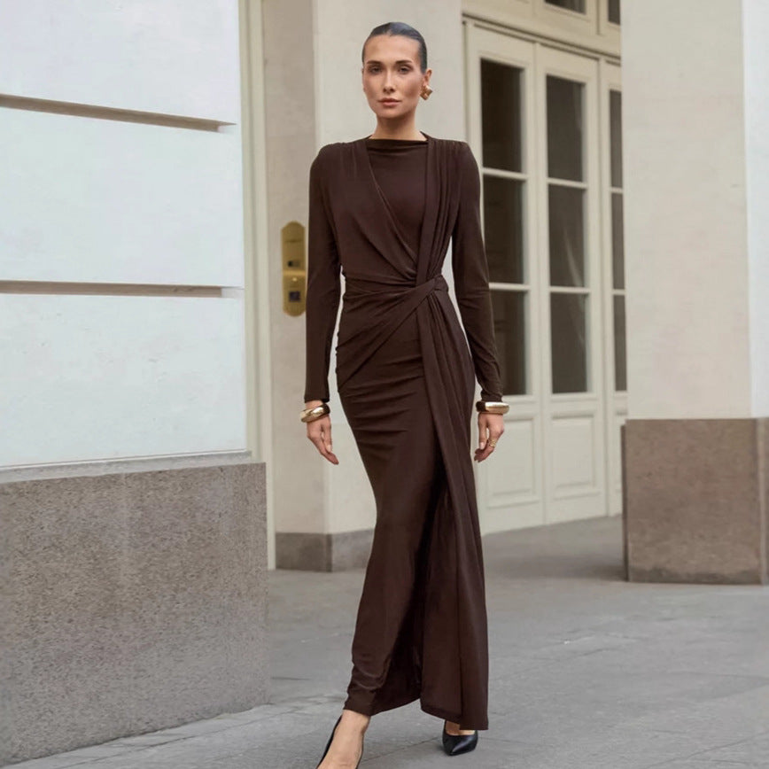Robe longue française d'automne pour femme, texturée, taille affinante, robe de soirée