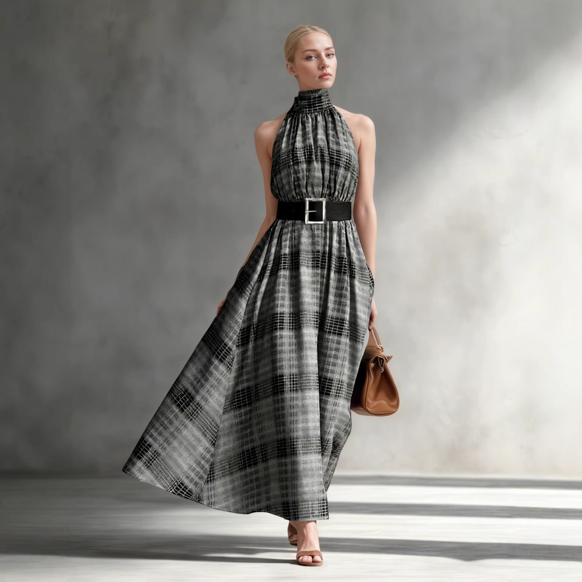 Neckholder Ärmelloses Kariertes Kleid Hohe Taille Schnürung Taillierter Drapierter Effekt Großer Saum A-Linien-Kleid Französisches Kleid