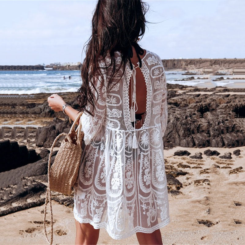 Paréo de plage en dentelle brodée, vêtement de protection solaire en bord de mer, chemisier de maillot de bain bikini sexy à dos nu