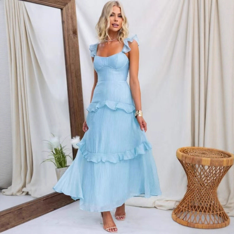 Damen Sommerkleid, einfarbig, elegant, anmutig, mit Rüschen