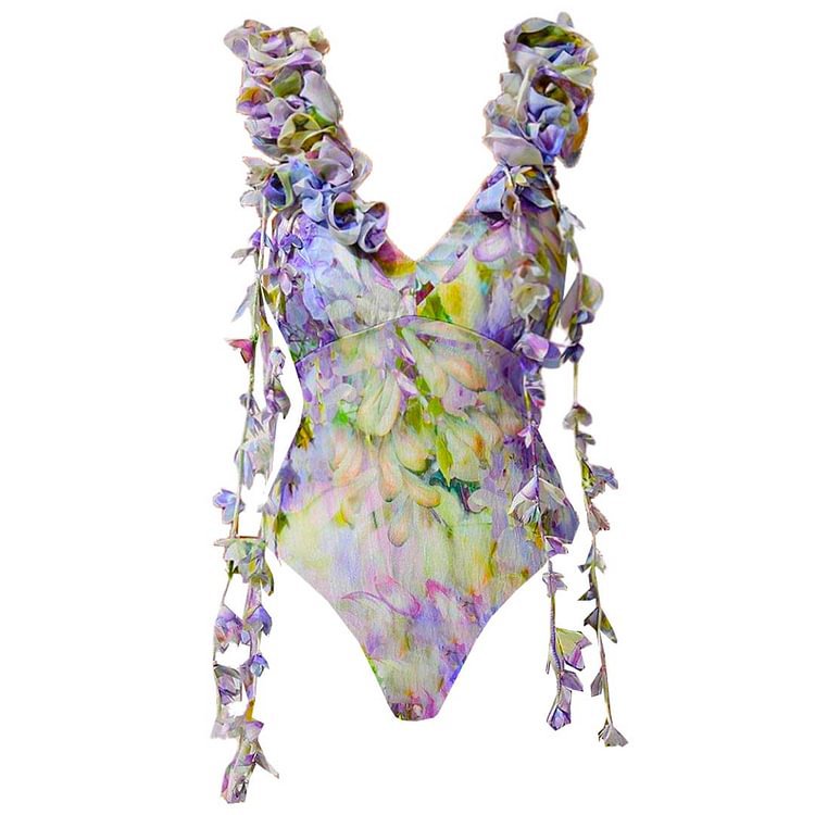 3D Floral Deko Bedruckter Quaste Einteiler Badeanzug Damenbekleidung