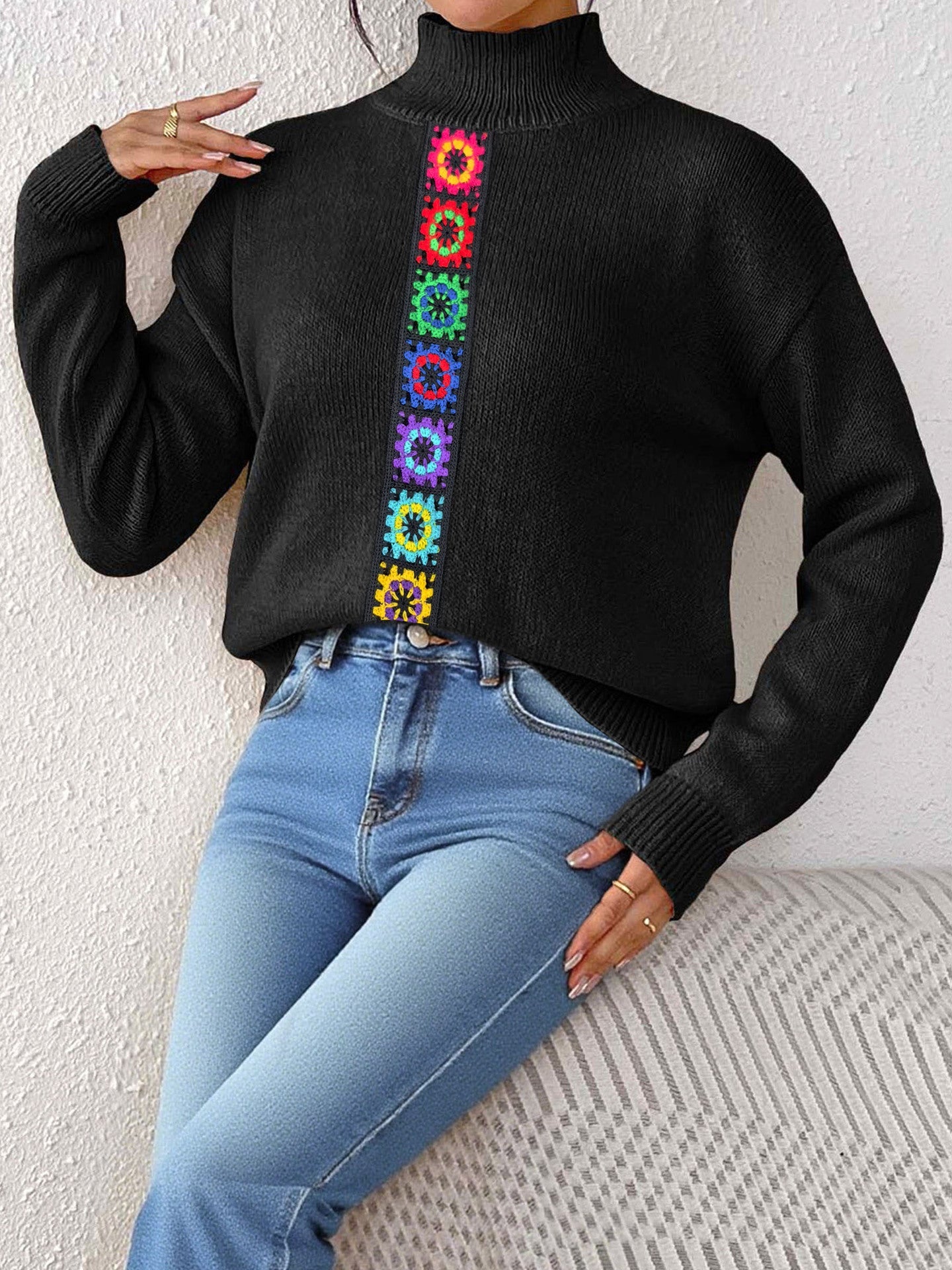 Damen Kleidung Persönlichkeit Farbe Zufällig Imitiert Handgehäkeltes Patchwork Gewebtes Oberteil Pullover