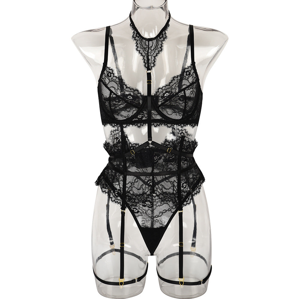 Sexy dreiteiliges Sommer-Set mit Wimpernspitze, Nähten und Halter-Fußring
