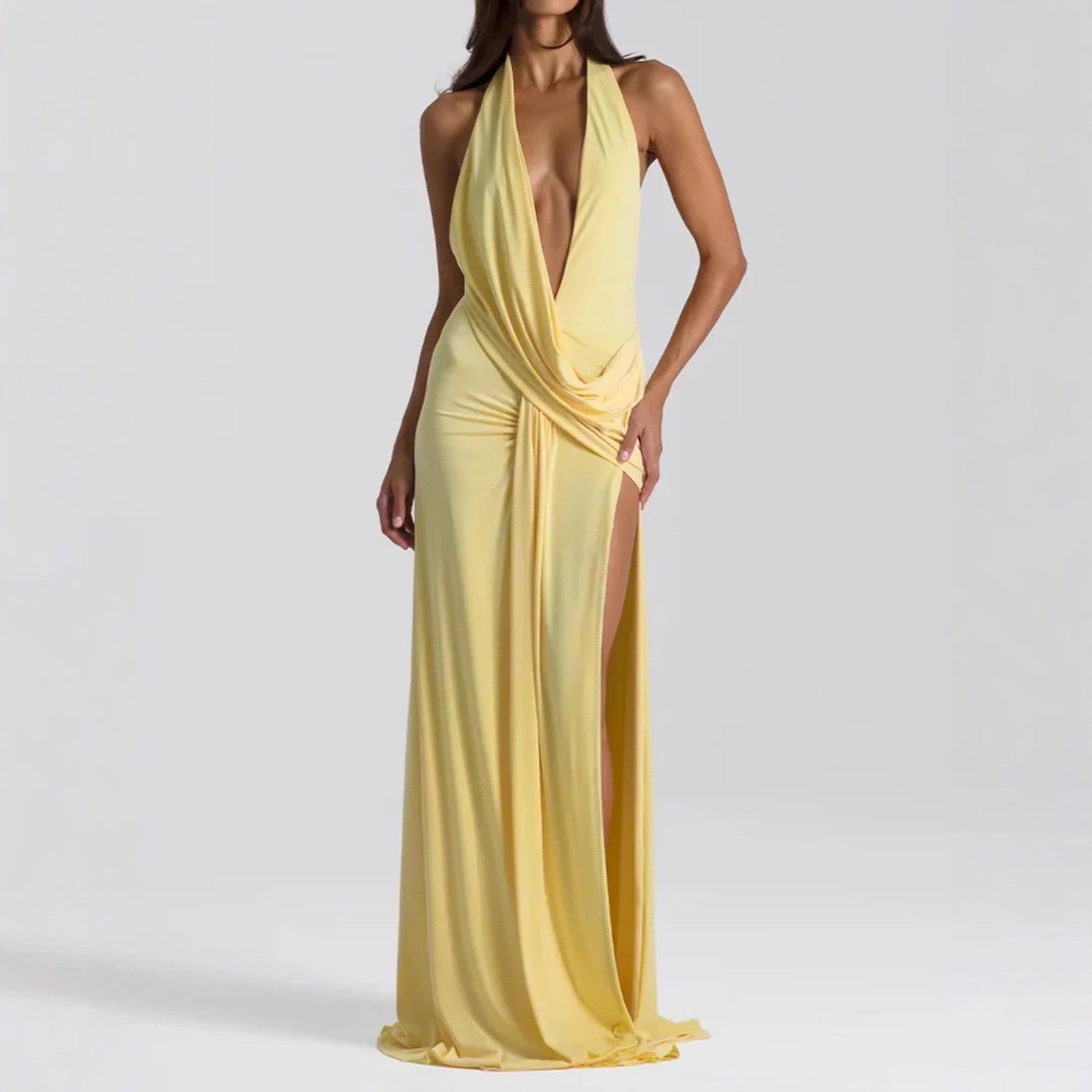 Robe longue sexy pour femme avec décolleté en V plongeant, dos nu et lacets, et volants