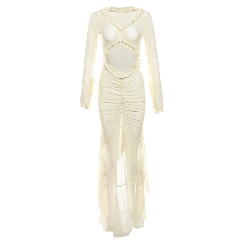 Sommer Damen Kollektion V-Ausschnitt Durchsichtig Sexy Hohl Cut-Out Plissiertes Spitzenkleid Slim Fit